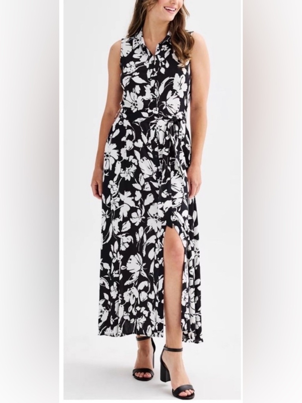 NEW Ellen Tracy Black White Floral Sleeveless Maxi Dress Tie Waist Slit Large